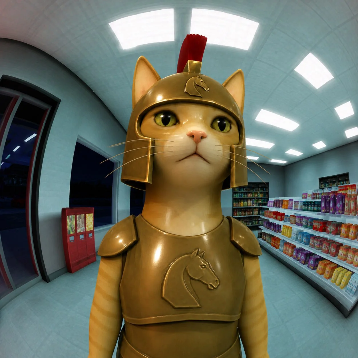 The armoured cat looking at the camera